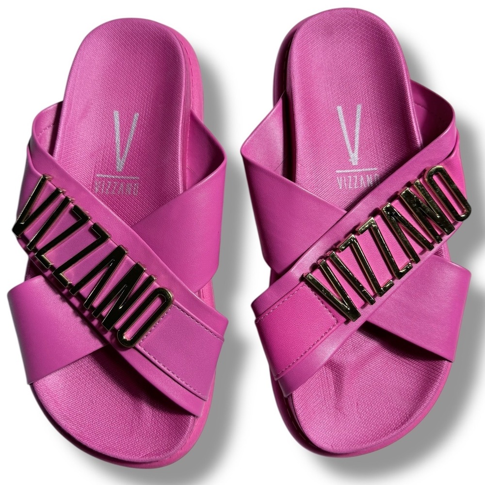 NEW Vizzano Women's Pink Platform Slides Gold Logo Cross Strap Sandals Size 5 35